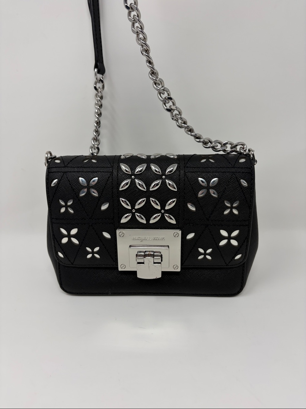 Michael Kors Black Leather Shoulder Bag with Silver Floral Studs - Picture 2 of 9